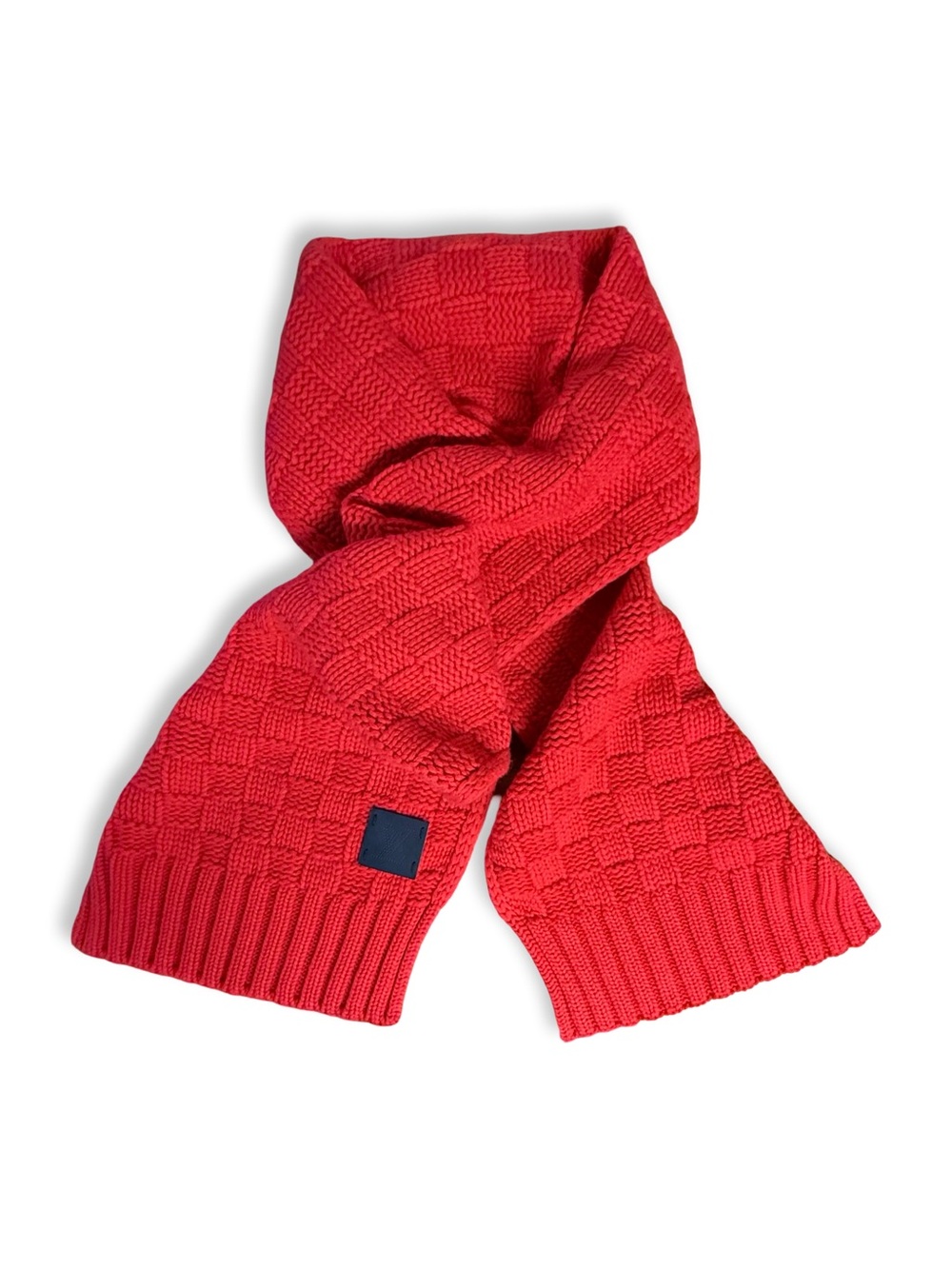 Louis Vuitton Red Cashmere Knit Scarf M74945 Black Leather LV Patch 12x70